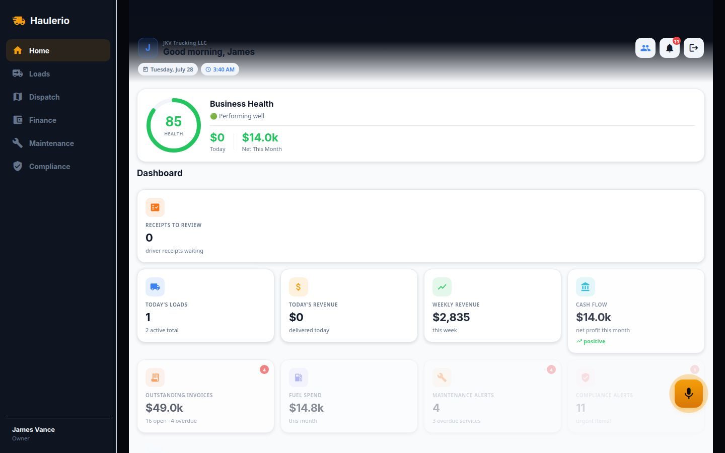 The HaulerIO dashboard — business health score, today's loads, revenue, outstanding invoices, maintenance and compliance alerts