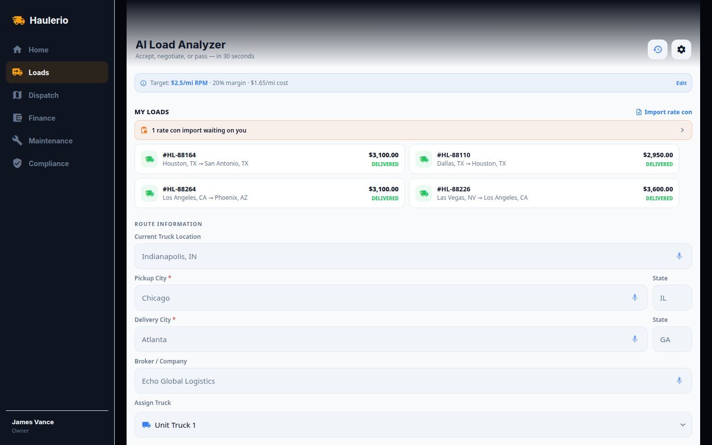 AI Load Analyzer — accept, negotiate, or pass on a load in 30 seconds