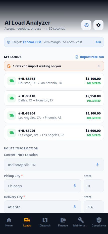 Haulerio AI Load Analyzer screen showing booked and delivered loads with rate-per-mile targets