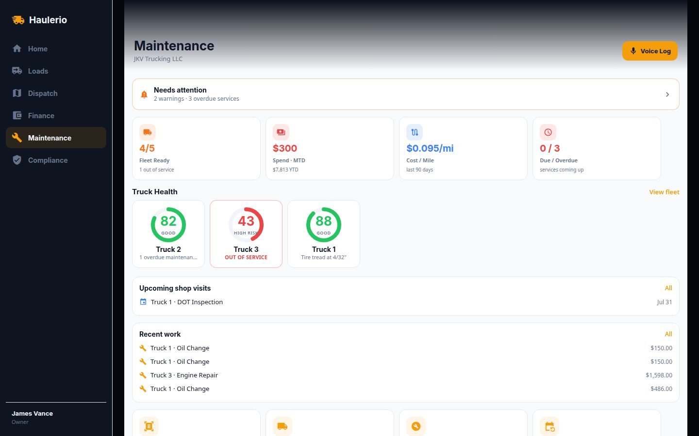 Maintenance — fleet readiness, truck health scores, cost per mile, upcoming shop visits