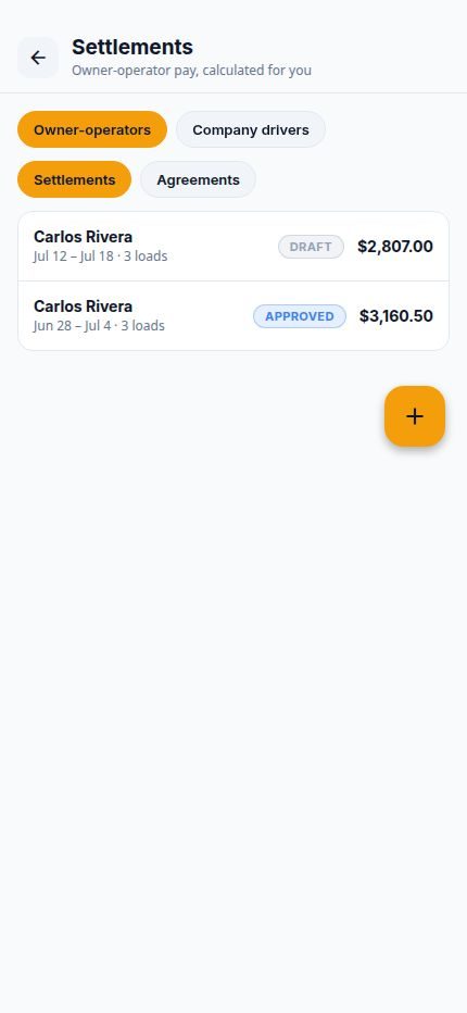 Haulerio Settlements screen showing owner-operator pay calculated from loads with draft and approved statuses